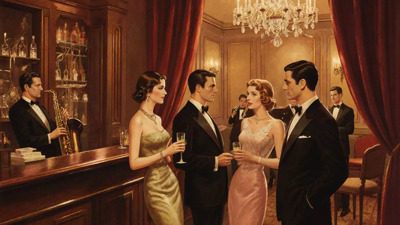 1960s club scene with elegantly dressed companions and aristocratic gentlemen.