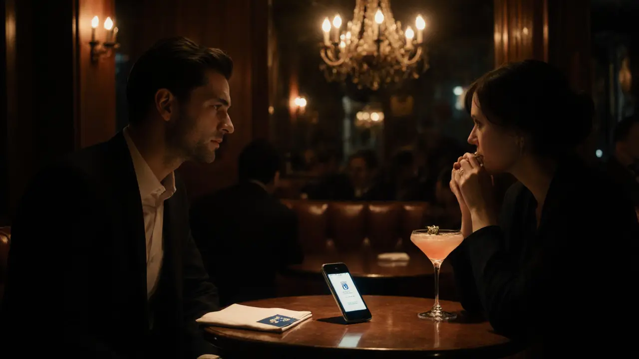 A discreet night scene of an escort and client at a dimly lit Paris bar.