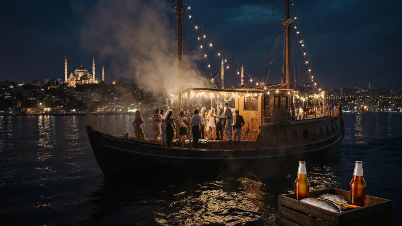 A floating party on the Bosphorus at night with dancers on a boat under city lights.
