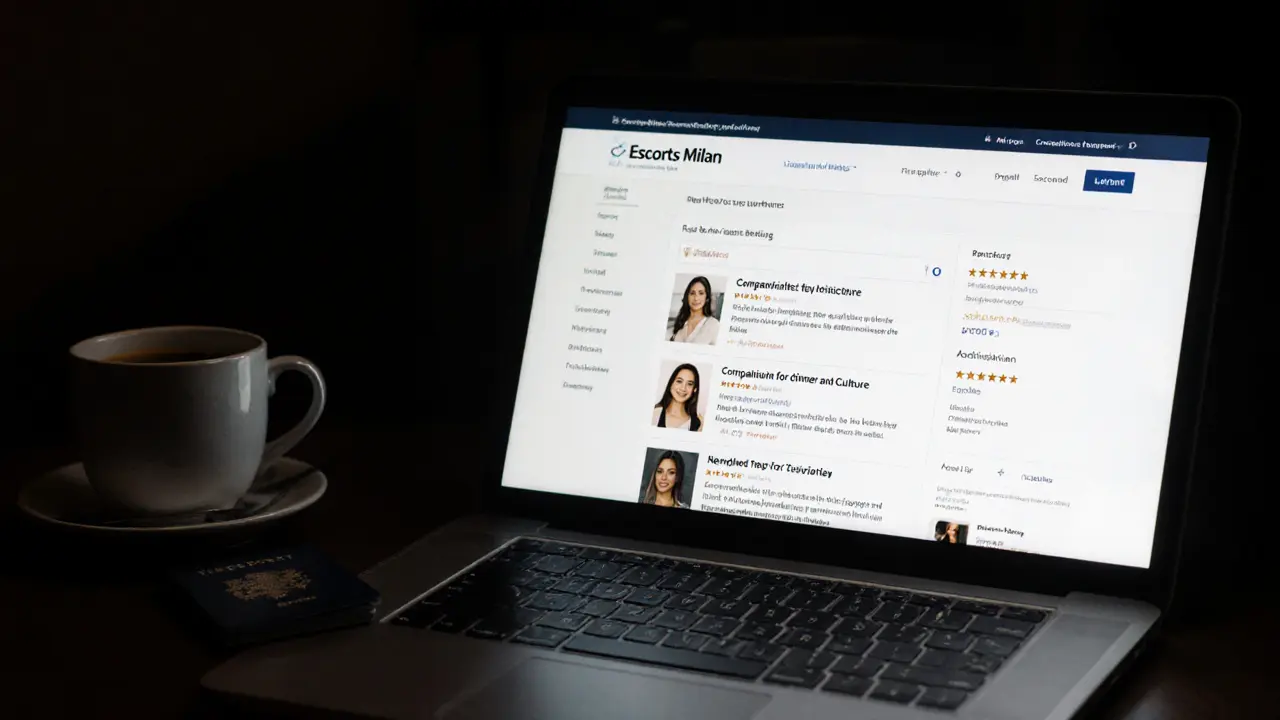 A laptop displays a clean escort service website with verified reviews and neutral language.