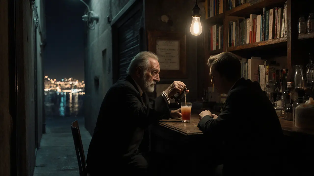 A lone bartender serves two mysterious figures in a hidden alley bar, bathed in dim light.