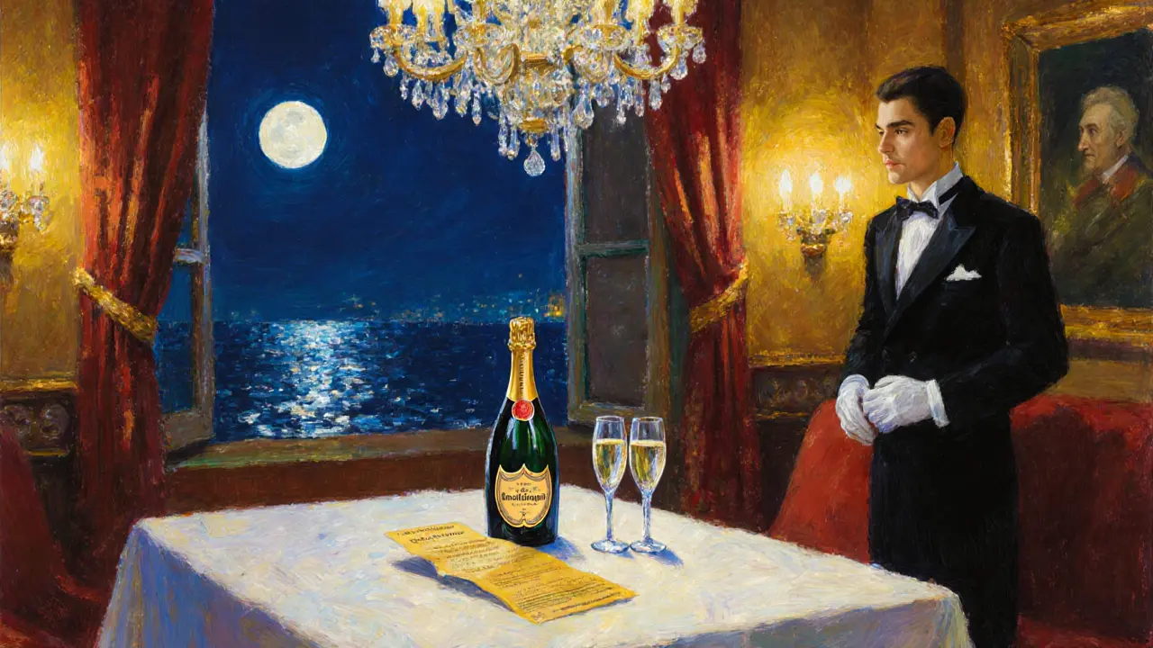 An empty, opulent table at Café de Paris with a gold-leaf receipt and untouched champagne flutes.