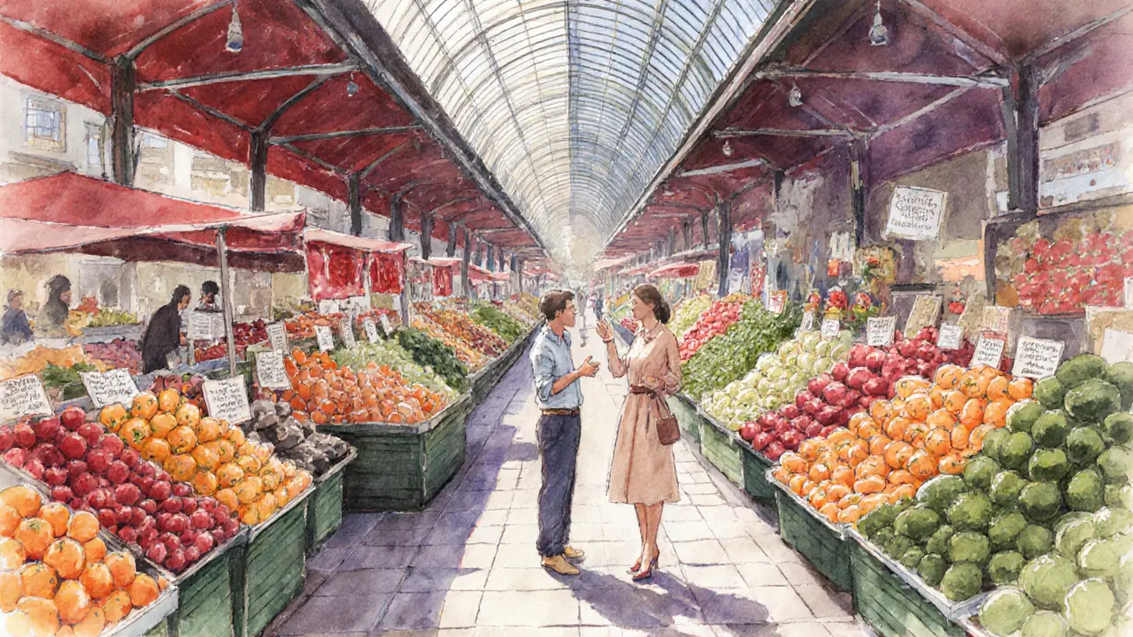 An escort leading a visitor through a bustling Paris market with colorful stalls.