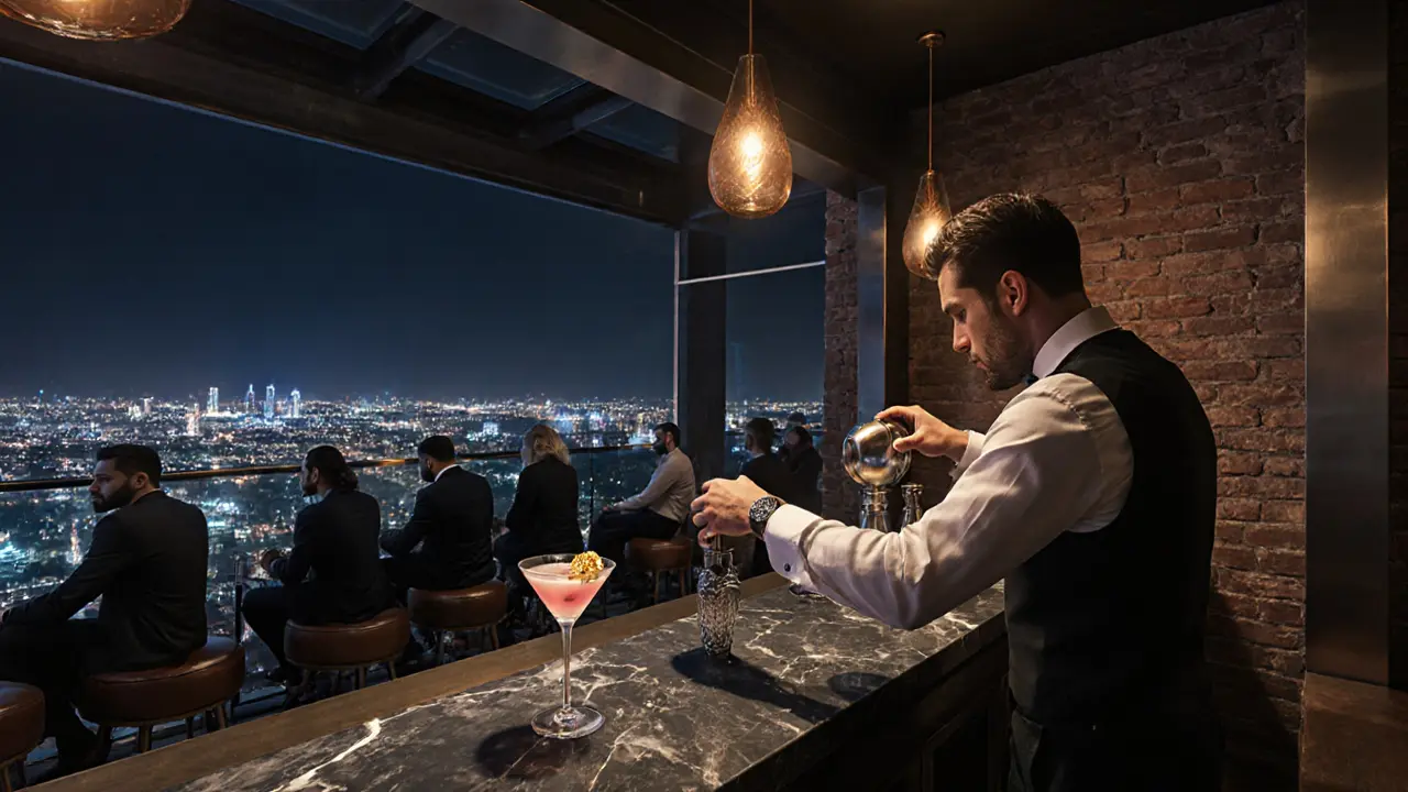 Bartender preparing a Desert Rose Martini in an industrial rooftop bar.