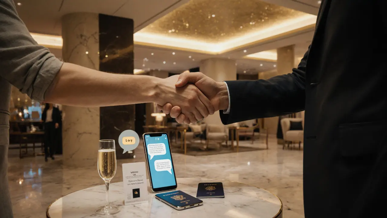 Boutique hotel lobby scene showing discreet handshake, passports and encrypted chat devices for safe booking.