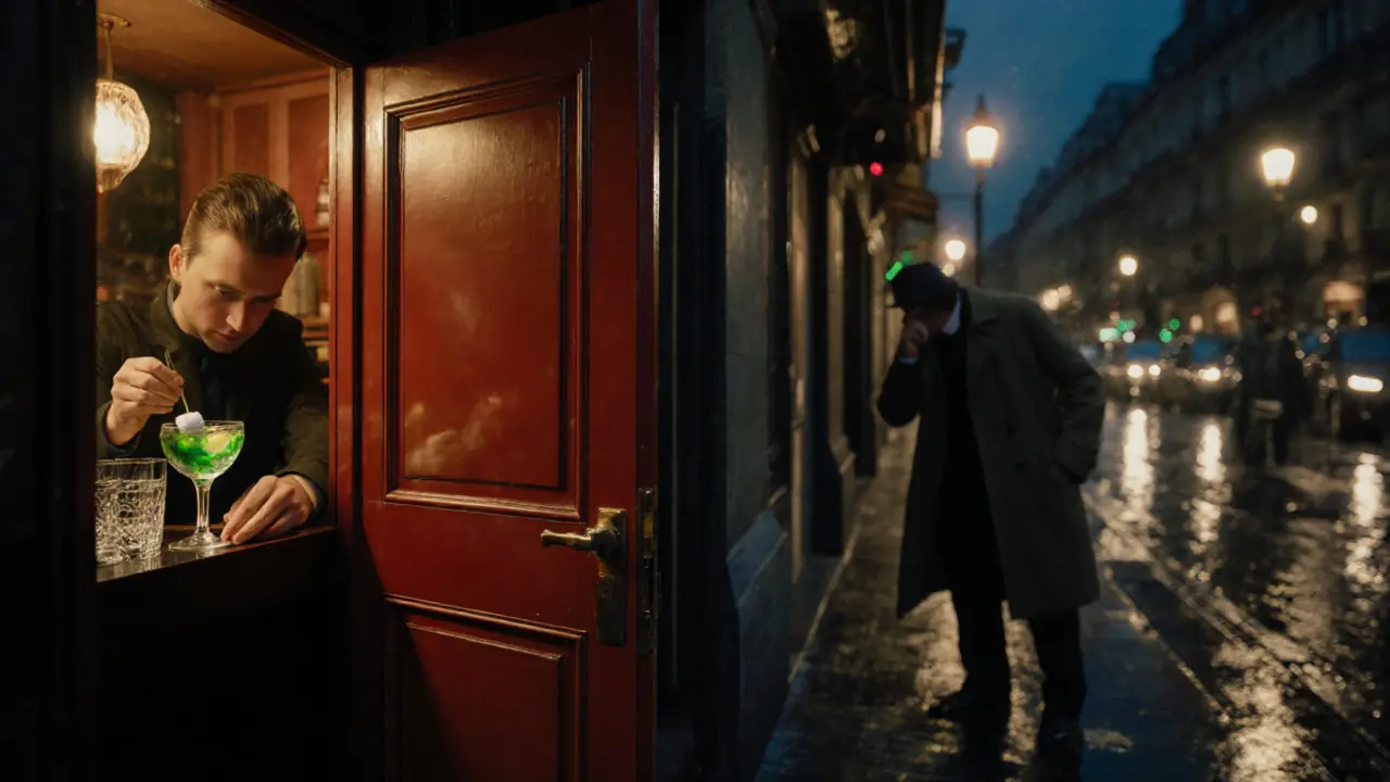 Close‑up of a hidden speakeasy red door with dim interior and absinthe cocktail.