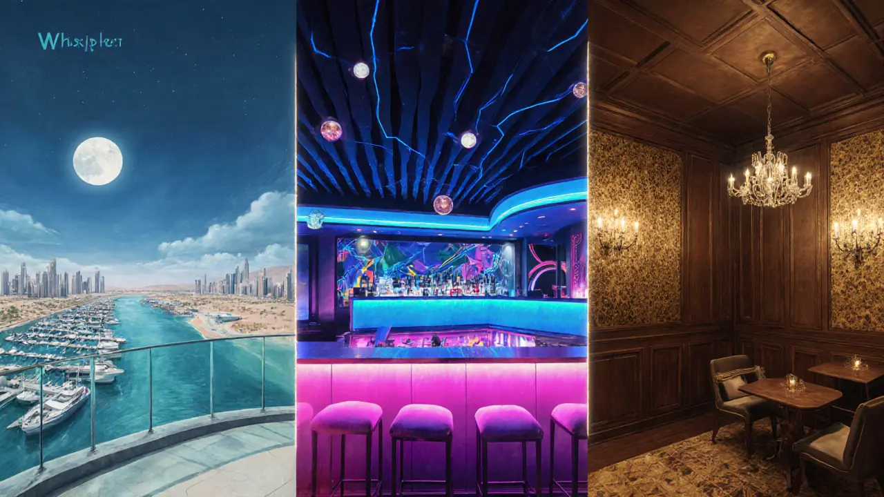 Collage of three Dubai speakeasy atmospheres: seaside lounge, neon rooftop, gilded room.