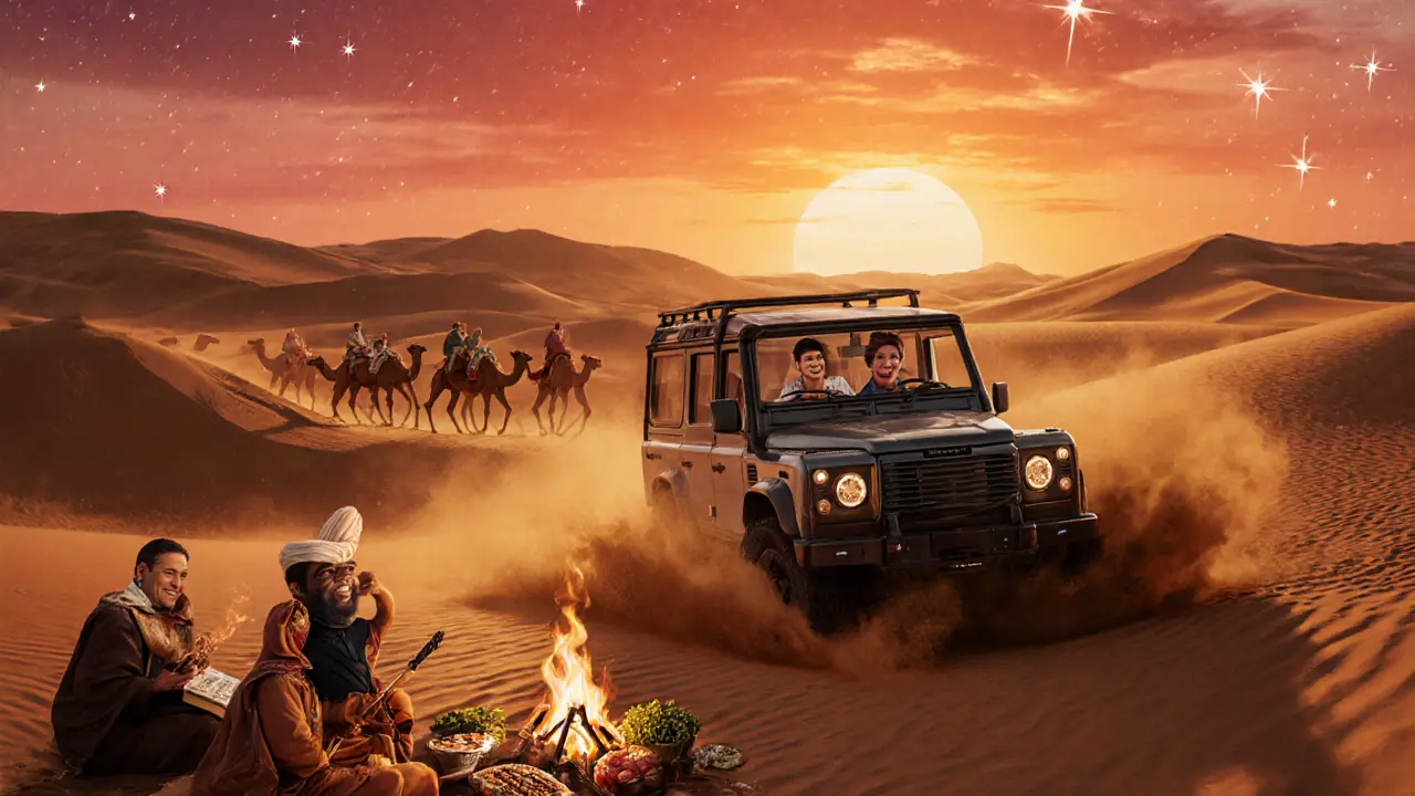 Companion and traveler enjoy desert dune‑bashing, camel ride, and barbecue under a sunset sky.