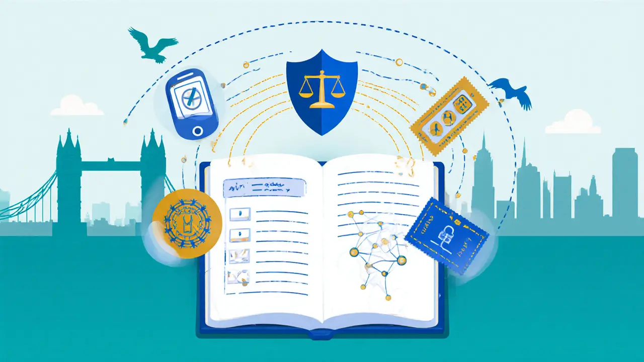 Conceptual illustration of legal, safety, and freedom symbols for London escorts.