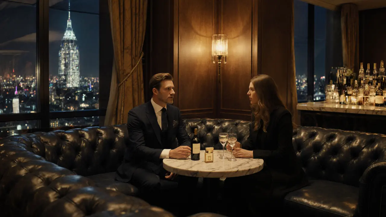 Couple enjoying drinks in a luxurious hotel lounge with city lights outside.