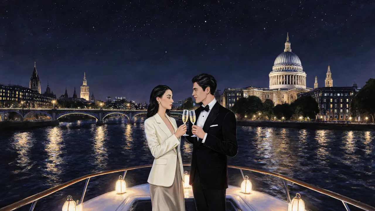 Couple in designer attire toasting champagne on a yacht with the London skyline at night.
