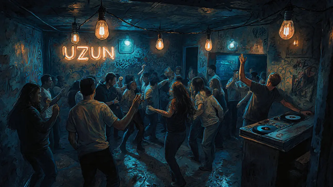 Crowd dancing in a dim, gritty basement club in Karaköy with vinyl records and string lights.