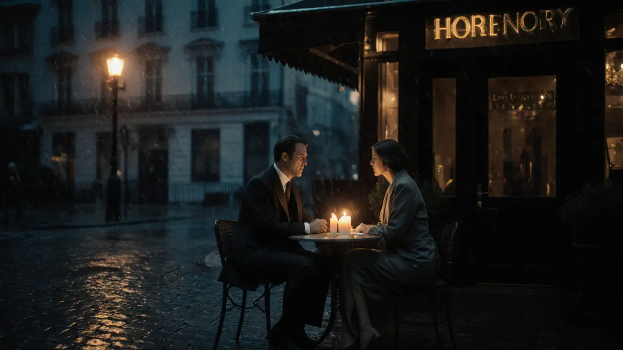 Evening London street with a couple meeting discreetly at a candlelit café table.