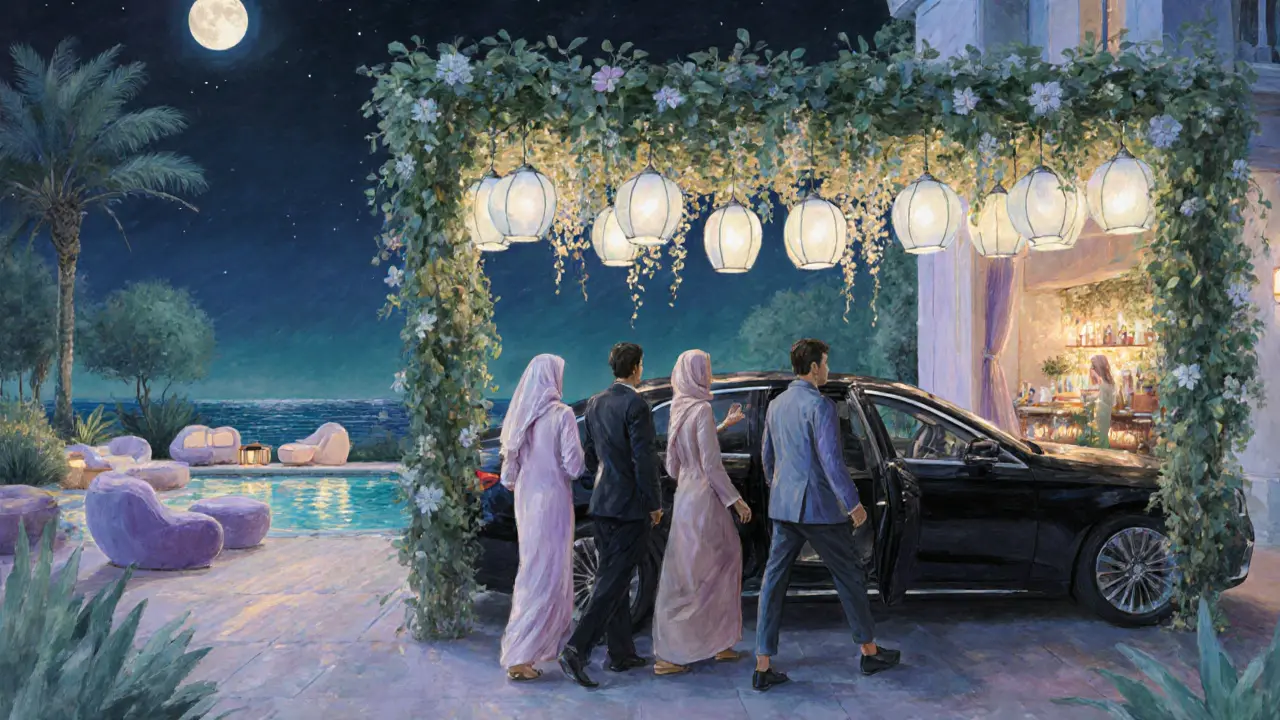 Guests entering a rideshare car from a lantern‑lit garden lounge.
