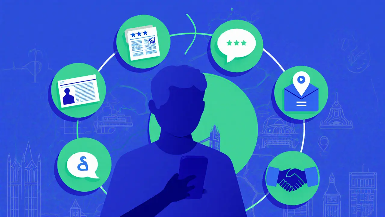 Illustrated circular diagram of seven verification steps surrounding a phone silhouette.