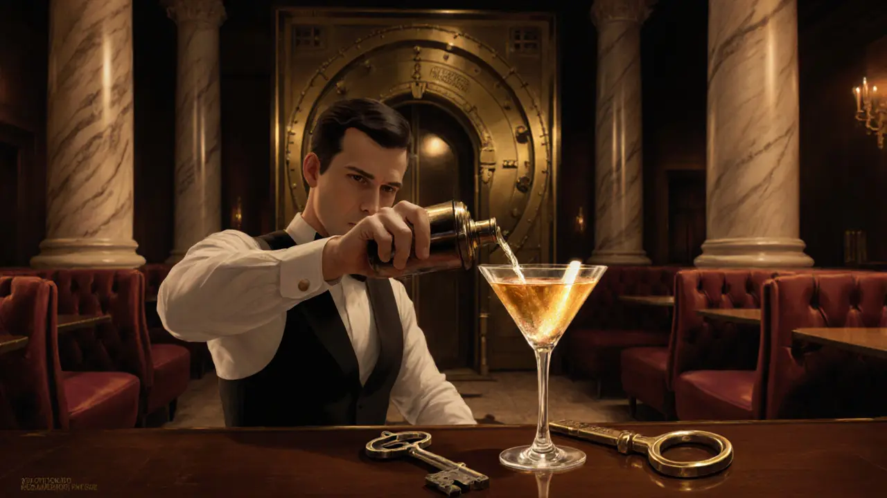 Interior of a bank‑style speakeasy with bartender serving a gold‑infused martini.