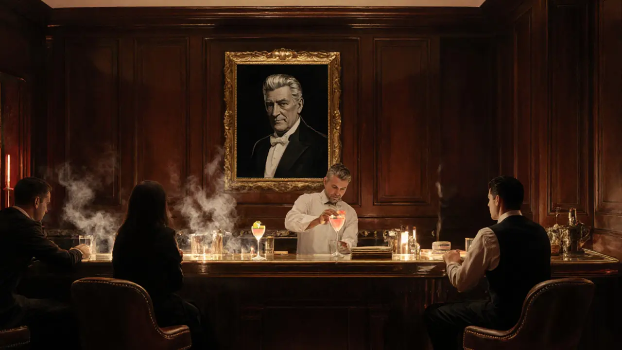 Interior of Le Bar Hemingway with mahogany paneling and Hemingway portrait.