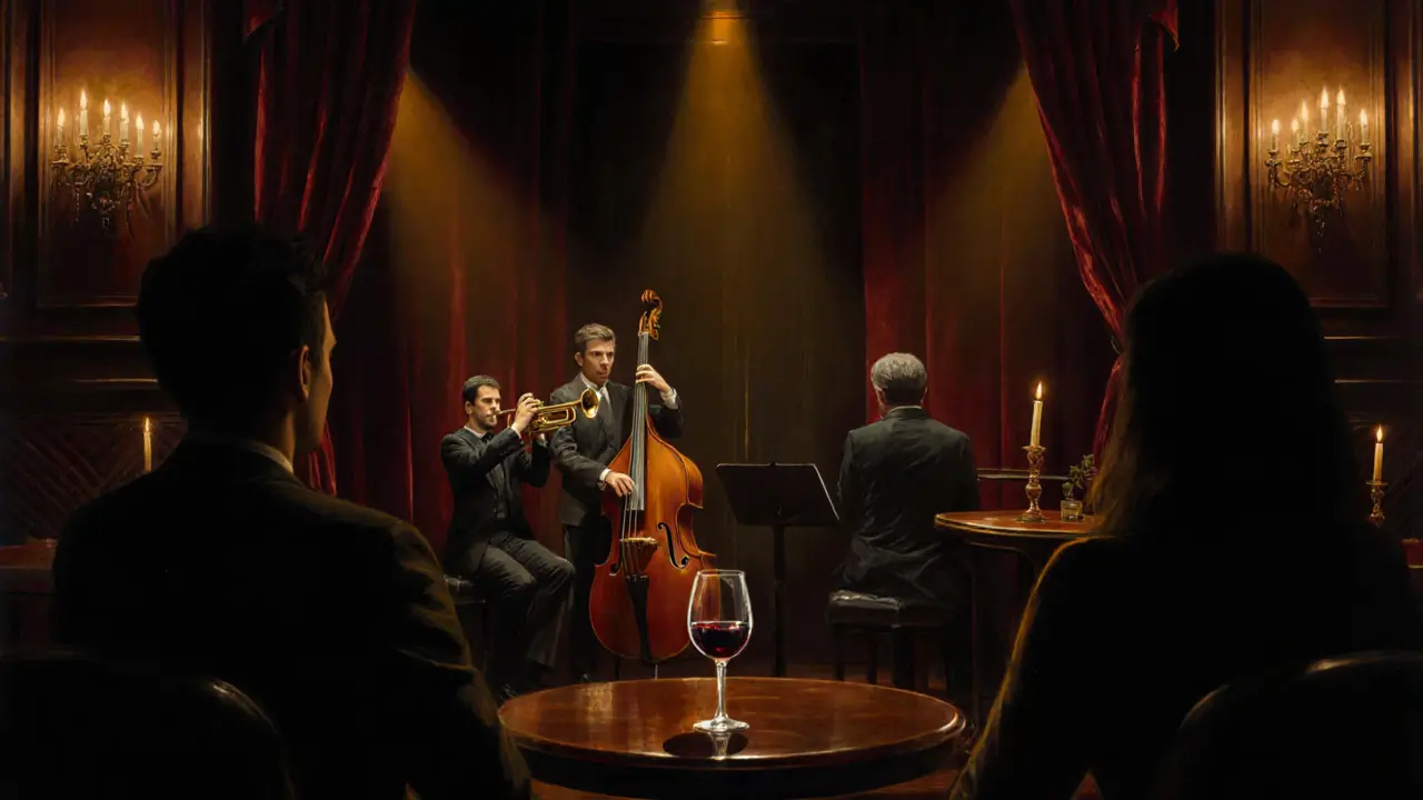 Intimate jazz club scene with musicians on stage, warm lighting, and diners at tables.