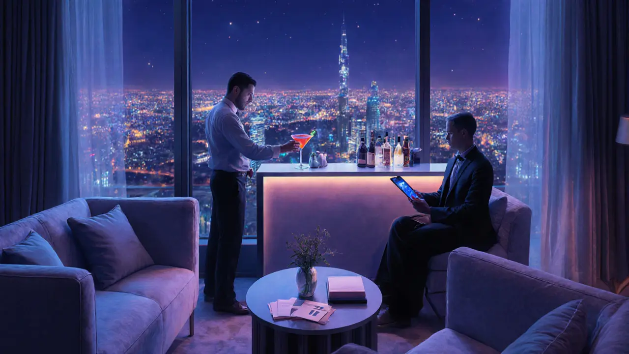 Luxury lounge in Etihad Towers Skyroom with companion arranging a VIP cocktail experience.