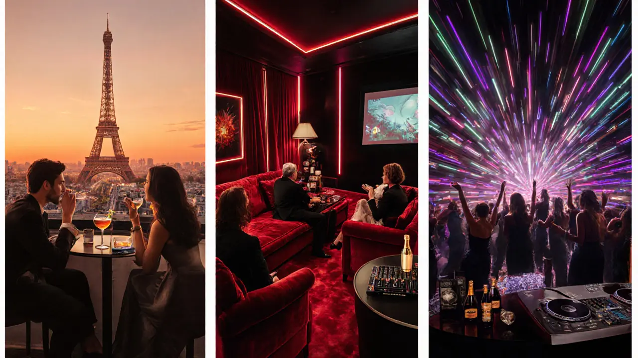 Montage of rooftop bar, lounge, and high‑energy nightclub illustrating a Paris night out.