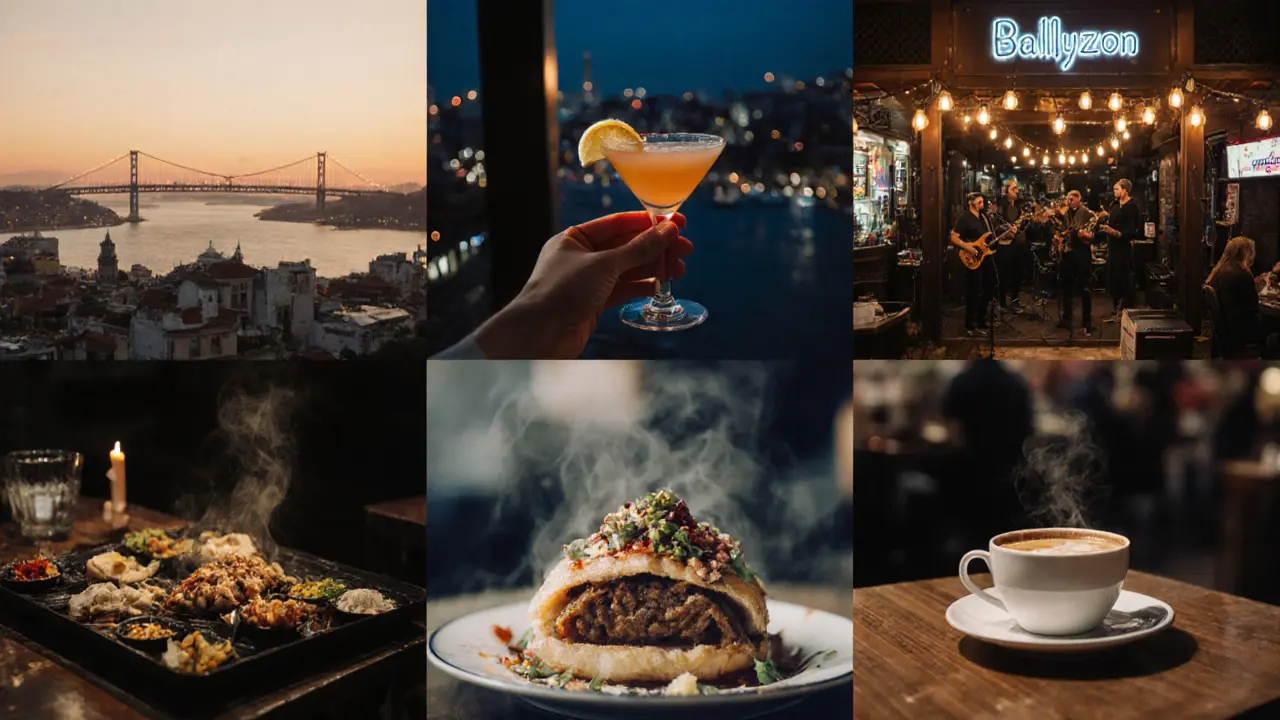 Nightlife montage: rooftop cocktail, meze dinner, live music venue, street food, coffee and baklava.