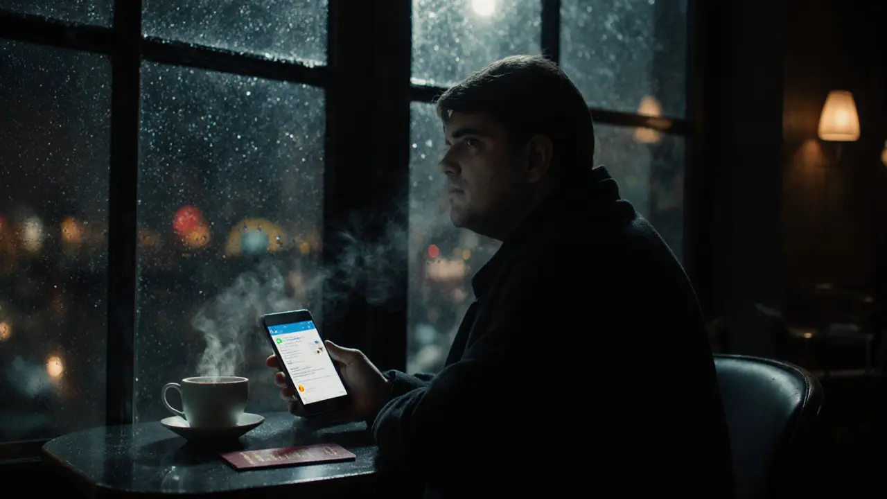 Noir café scene showing a discreet coffee meeting with encrypted phone and passport.