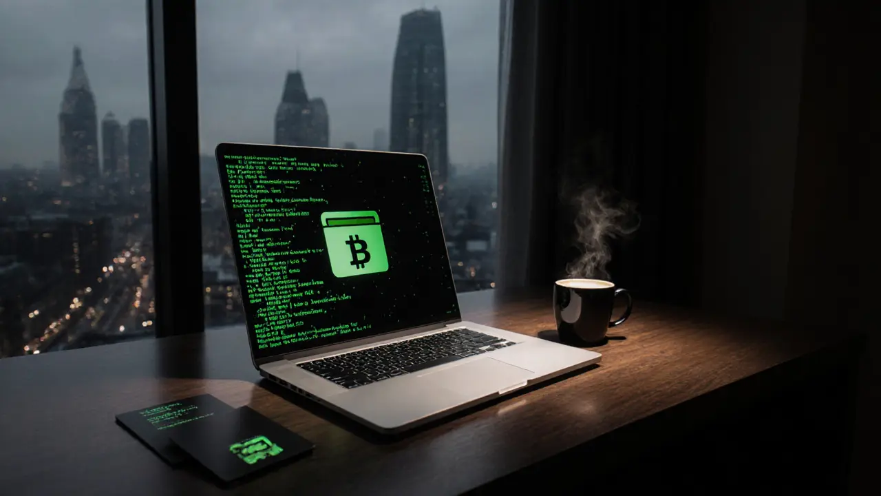Overhead view of a laptop with encrypted code and crypto wallet on a dark office desk.