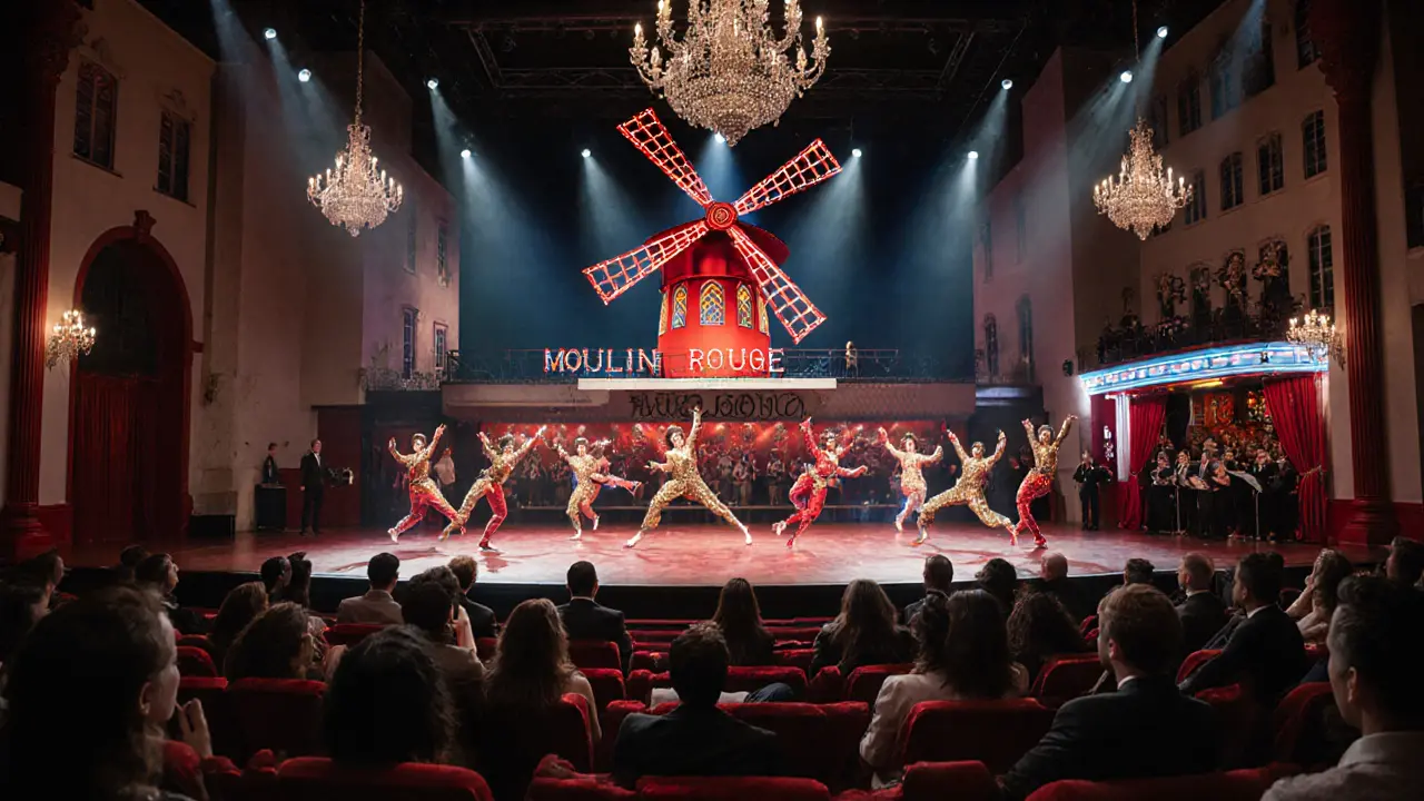 Photorealistic view of a modern Moulin Rouge show with bright LED lights and dancers.