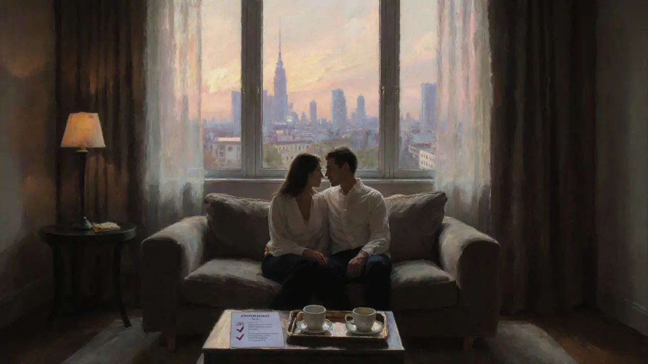 Private suite with sunrise view, couple seated on sofa, coffee tray and subtle consent checklist.