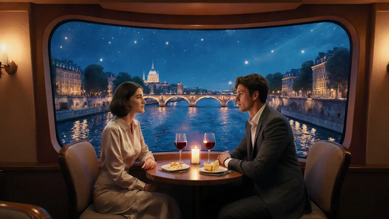 Romantic couple toasting wine inside a Seine River cruise cabin at night.