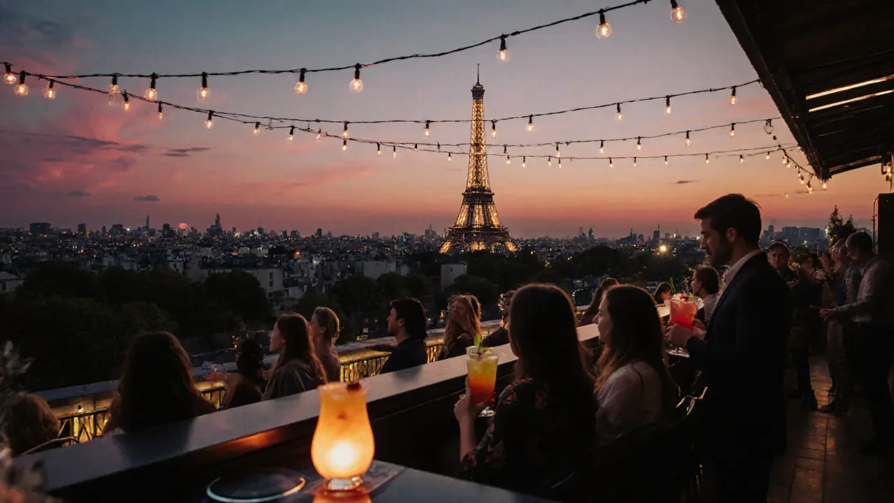 Rooftop bar at sunset with couples, cocktails, and the Eiffel Tower sparkling in the background.
