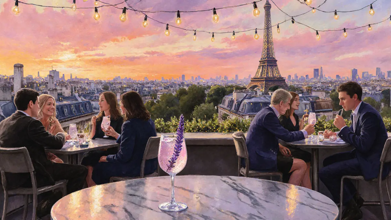 Rooftop bar at sunset with lavender gin fizz cocktail overlooking the Eiffel Tower.