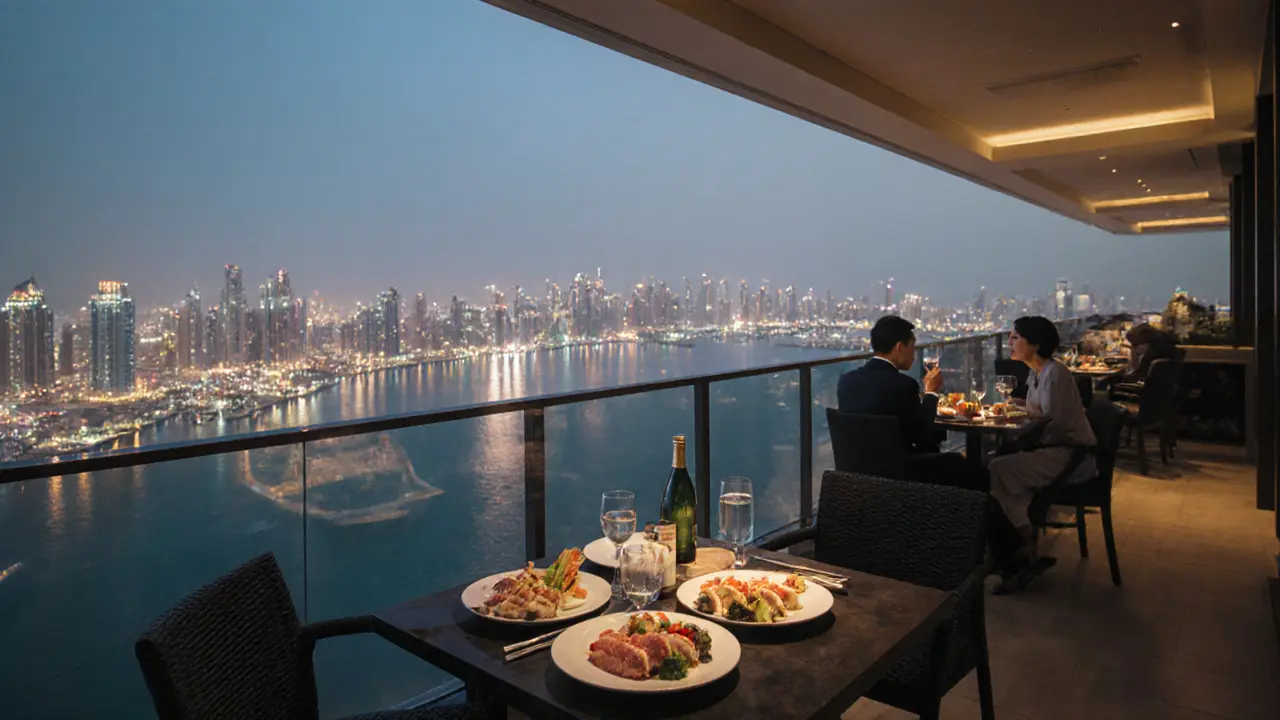 Rooftop Japanese restaurant at midnight with panoramic Dubai Marina skyline and elegant food plates.