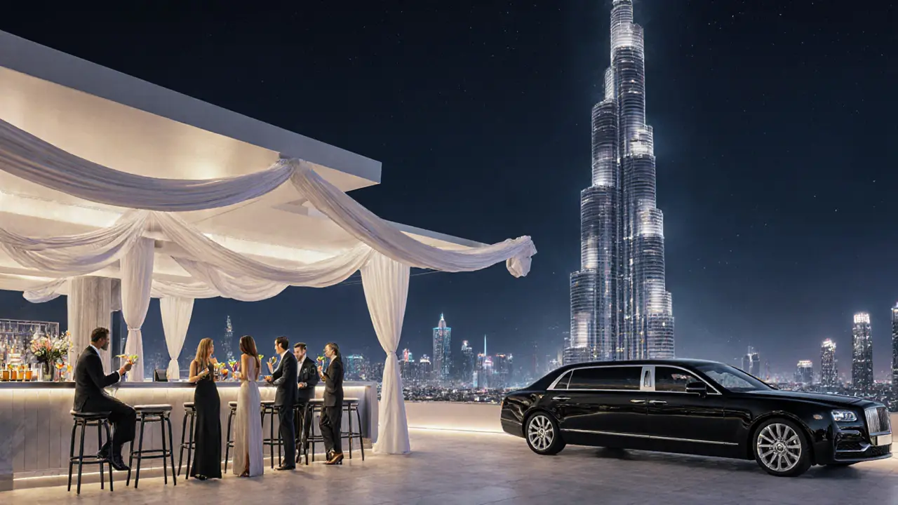 Rooftop lounge at night with Burj Khalifa in view, guests enjoying drinks in a luxury setting.