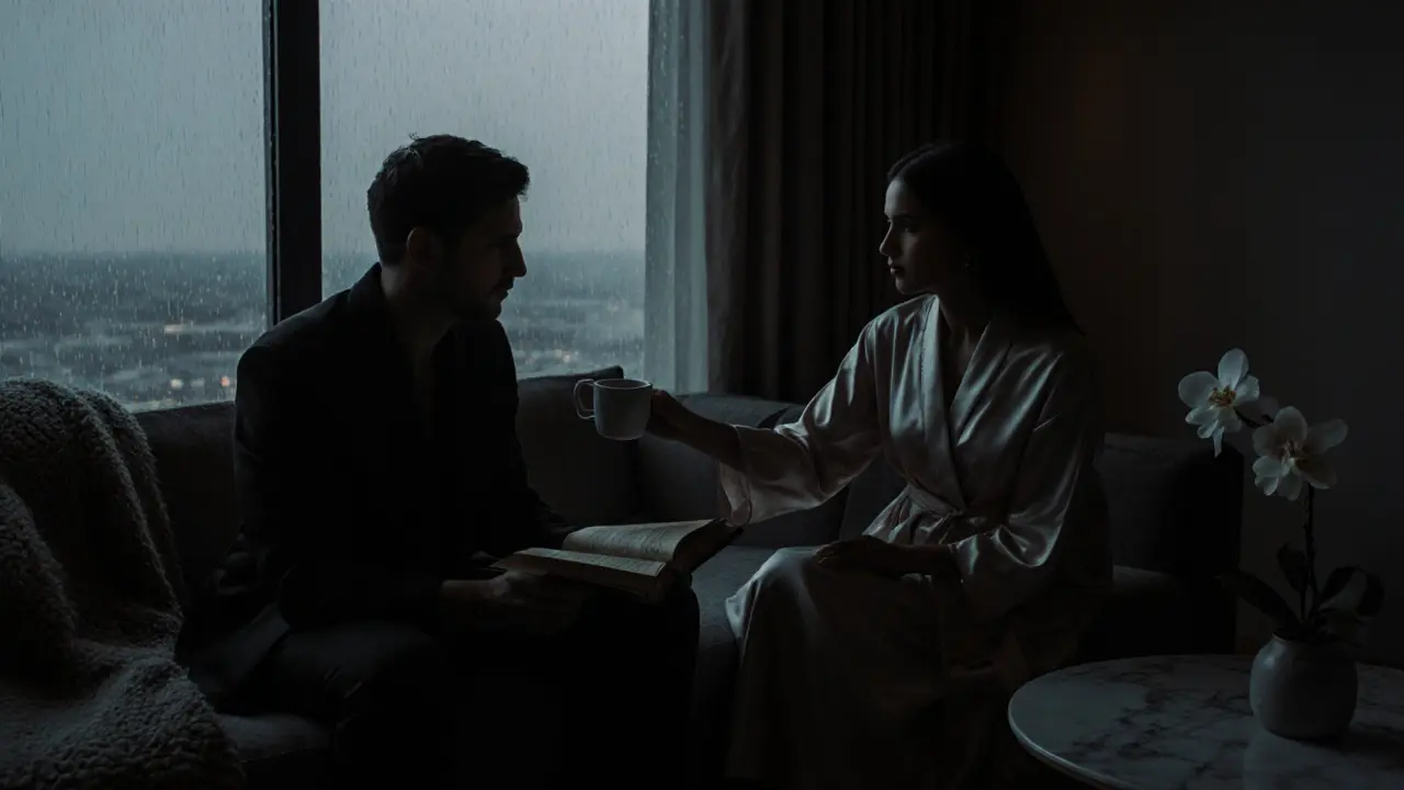 Silhouettes in a luxurious apartment at night, sharing coffee by rain-streaked windows, no faces shown.