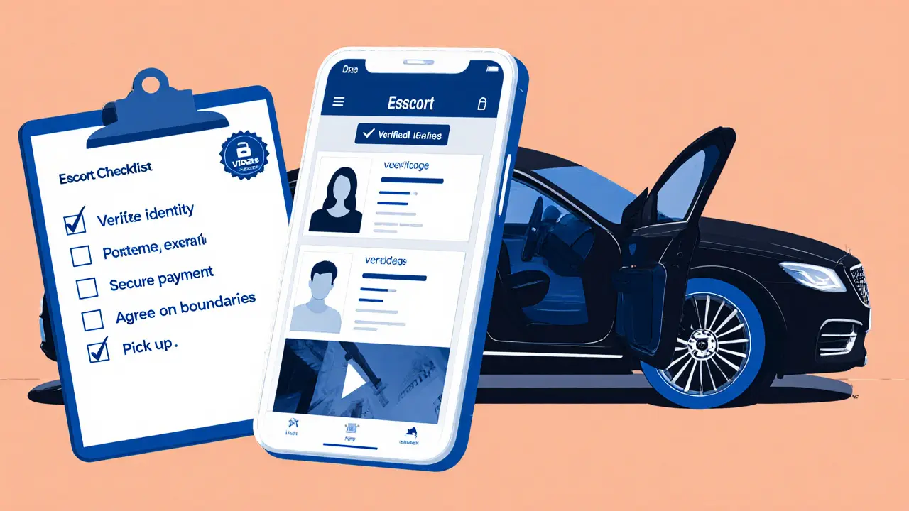 Smartphone showing booking platform with safety checklist beside a black sedan.