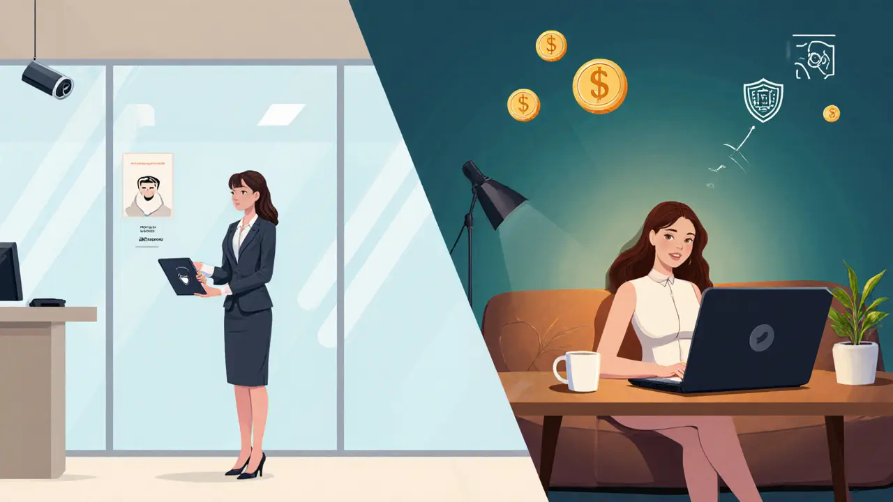 Split illustration contrasting agency office with independent escort video call.