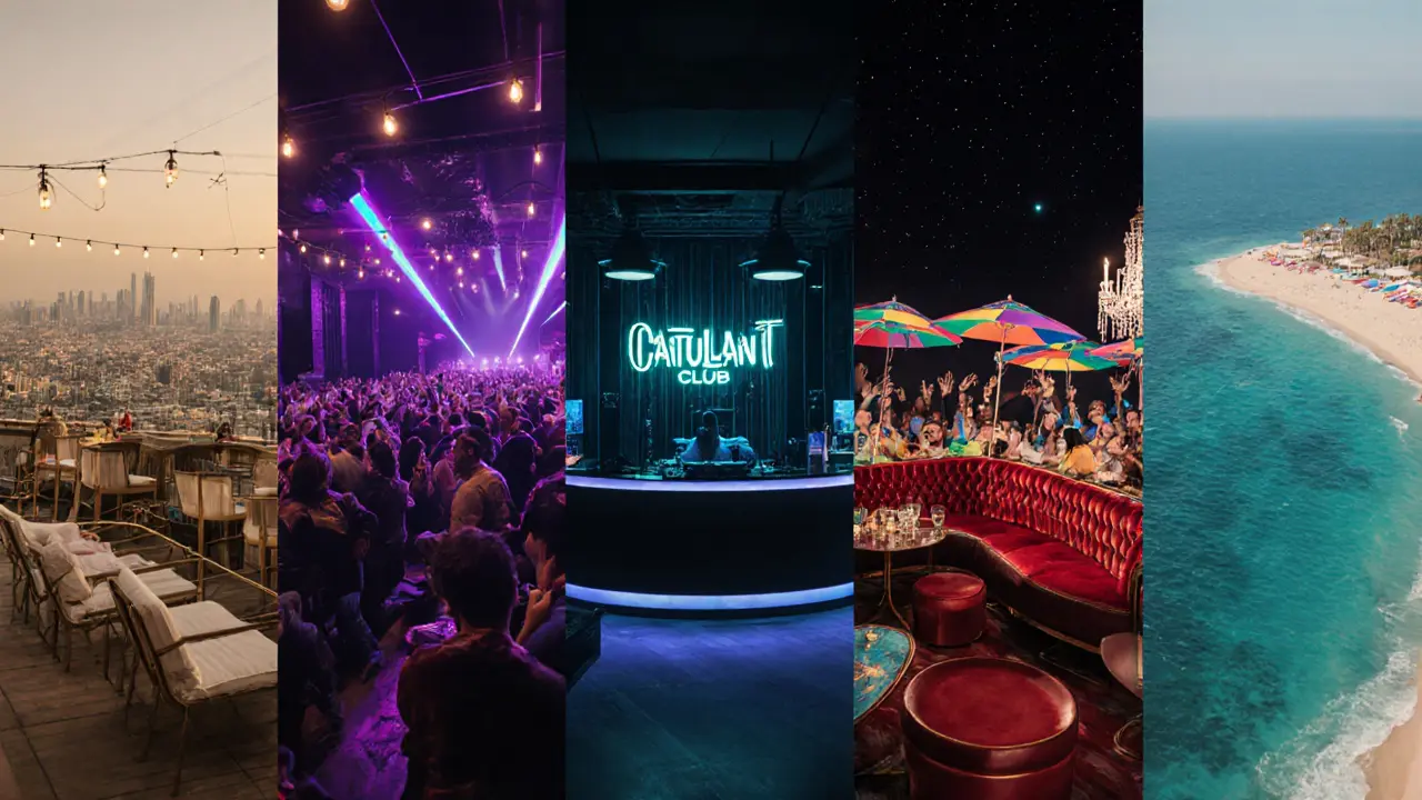 Split view of rooftop bar, nightclub, lounge, opulent club, and beach party.