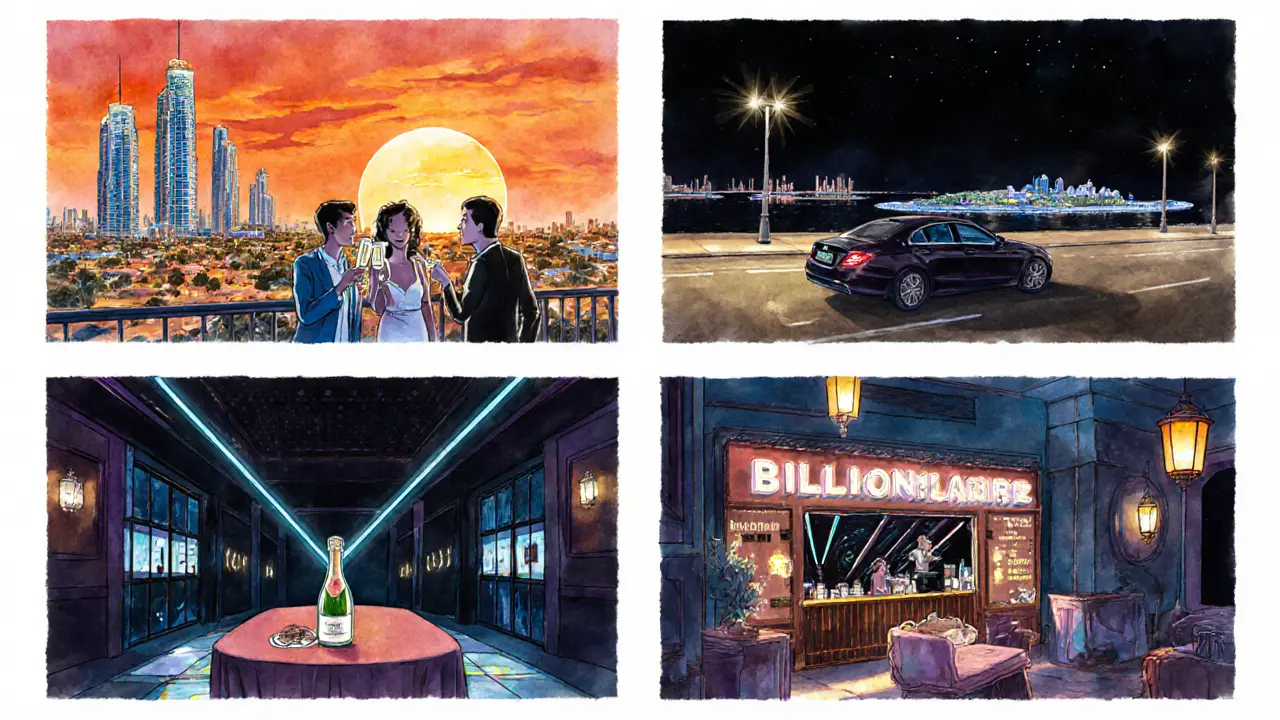 Storyboard of a night itinerary: rooftop drinks, ride‑share, club, late snack.