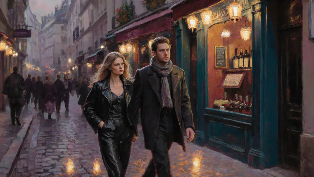 Stylish couple walking past a lantern‑lit wine bar in Le Marais at night.