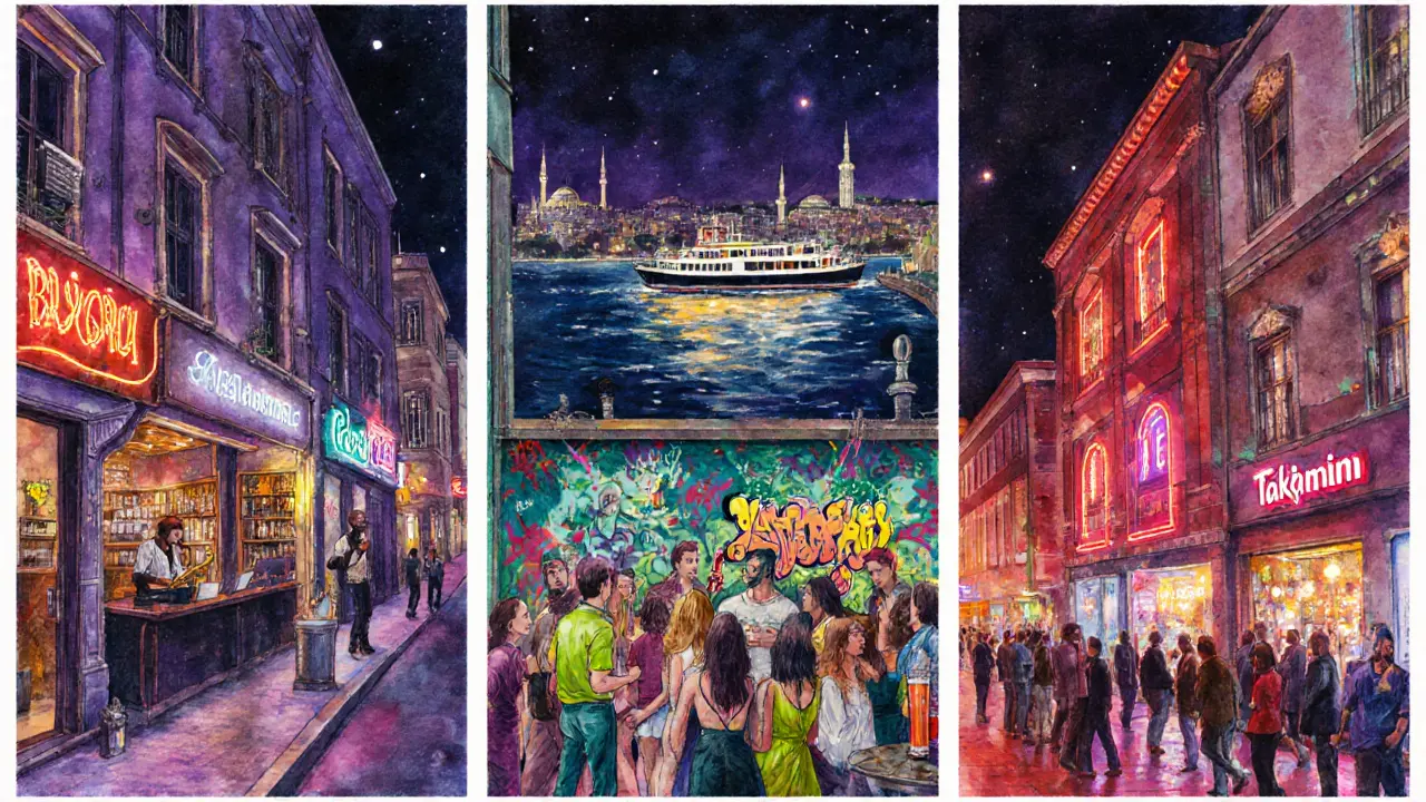 Three watercolor panels showing Beyoğlu bar, Kadıköy rooftop, and Taksim nightclub.