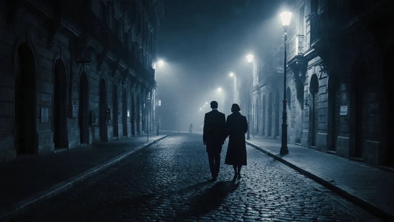 Two individuals walk separately under streetlights in Milan&#039;s Brera district at night.