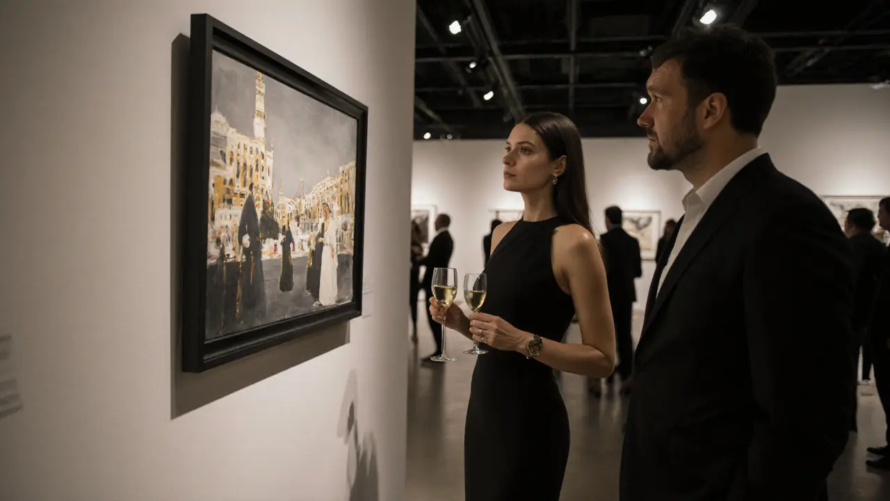 Two people admiring art in a quiet gallery, one in a black dress, softly lit by gallery spotlights.