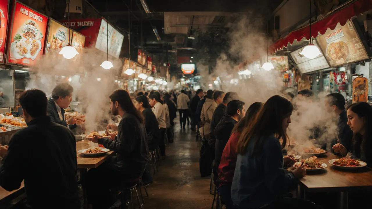 Vibrant late-night food hall with diverse cuisines and steam rising from stalls under soft lights.