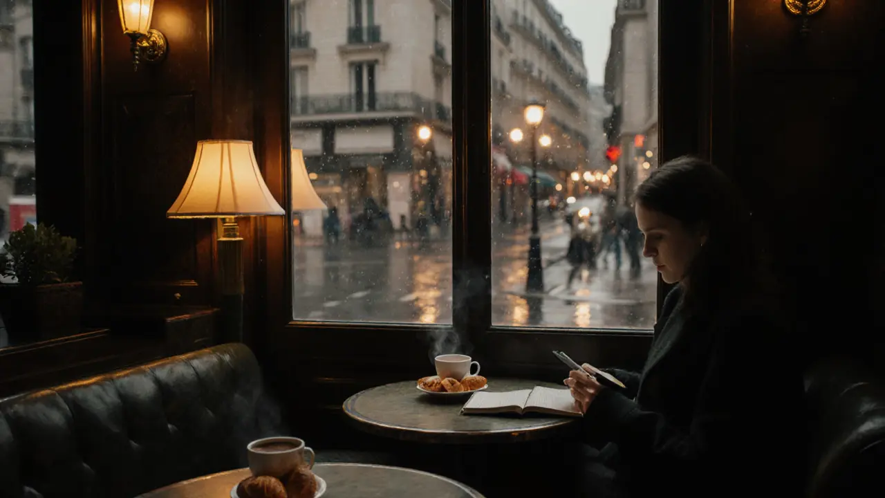 Warm night photograph of Café de Flore interior with coffee, croissants, and rainy street view.
