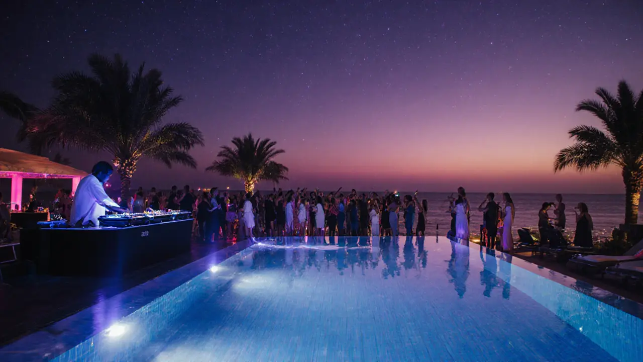 Zero Gravity Dubai pool at sunset, neon lights, DJ and dancing crowd beside an infinity pool.