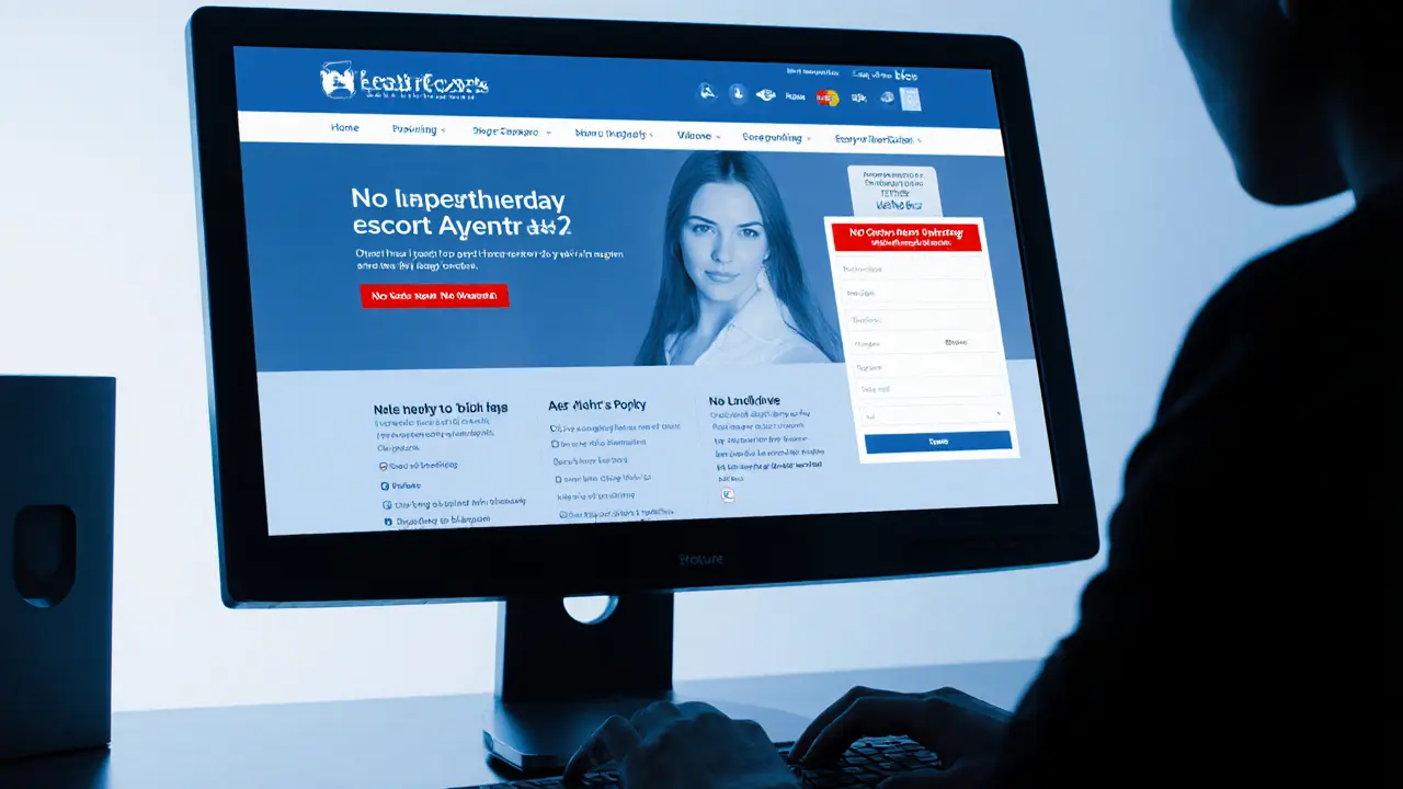 A clean website interface showing discreet companion service booking with secure payment options.
