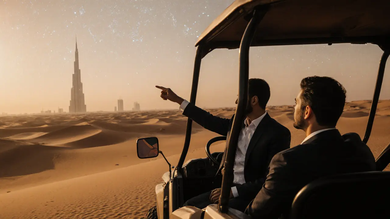 A client and guide enjoying a desert safari at sunset, gazing at the stars together in the Dubai desert.