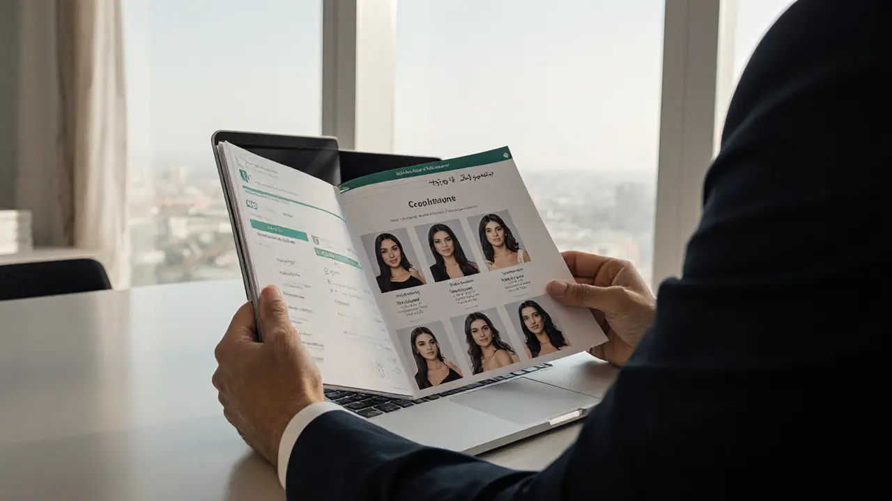 A client reviewing professional companion profiles in a modern Abu Dhabi agency office with secure booking interface visible.