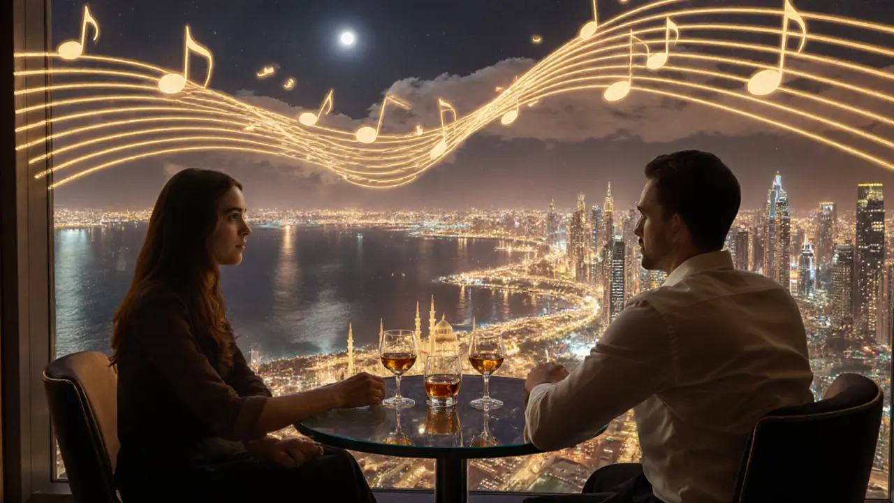 A couple enjoying whiskey on a rooftop with Abu Dhabi's glittering skyline and sea below.